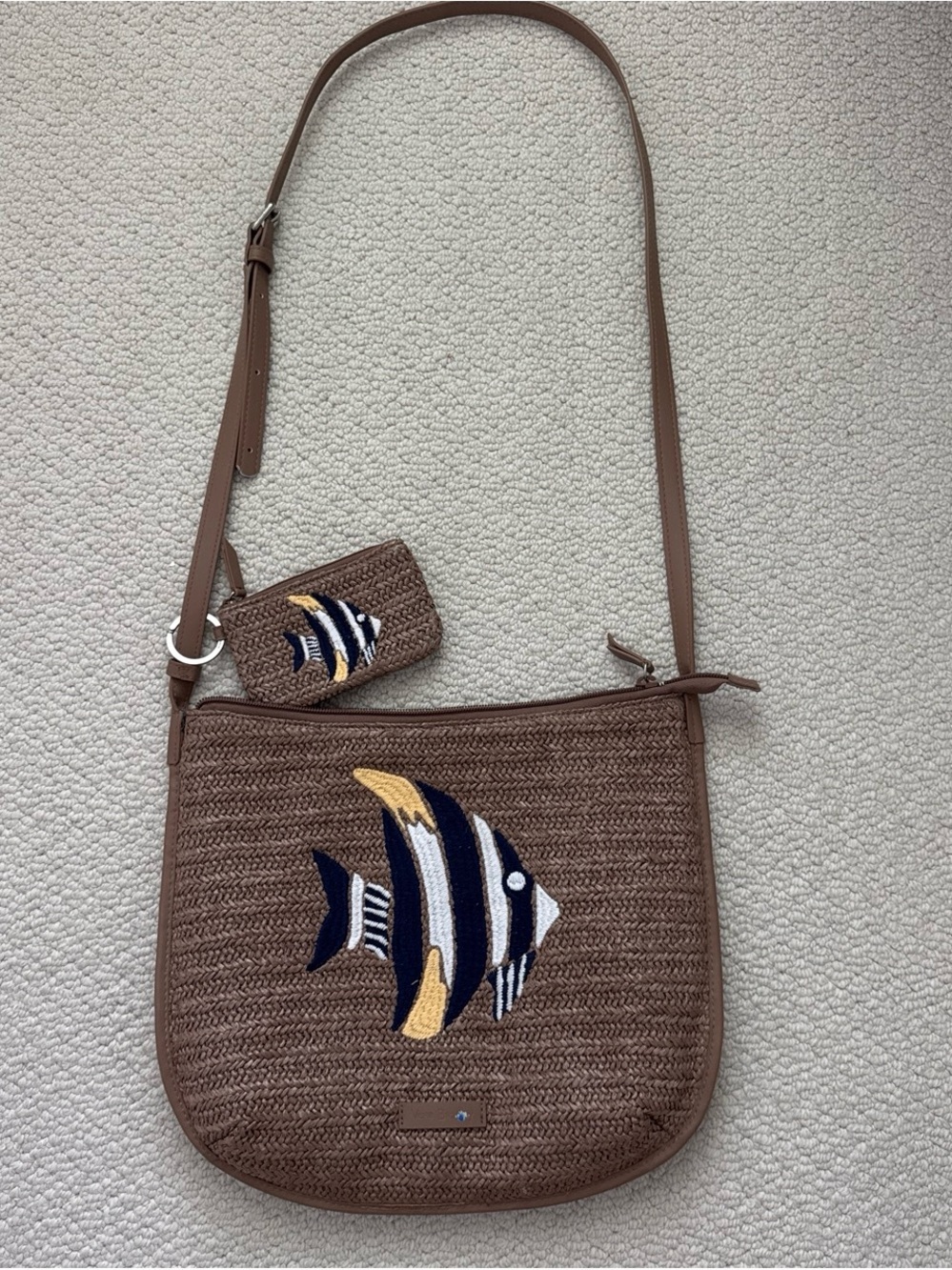 Vera Bradley Tan Woven Crossbody with Blue and Yellow Embroidered Accent